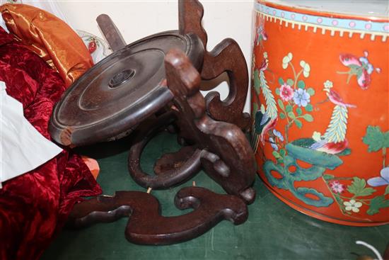 A Chinese coral ground famille rose jardiniere, wood stand Total height 60cm